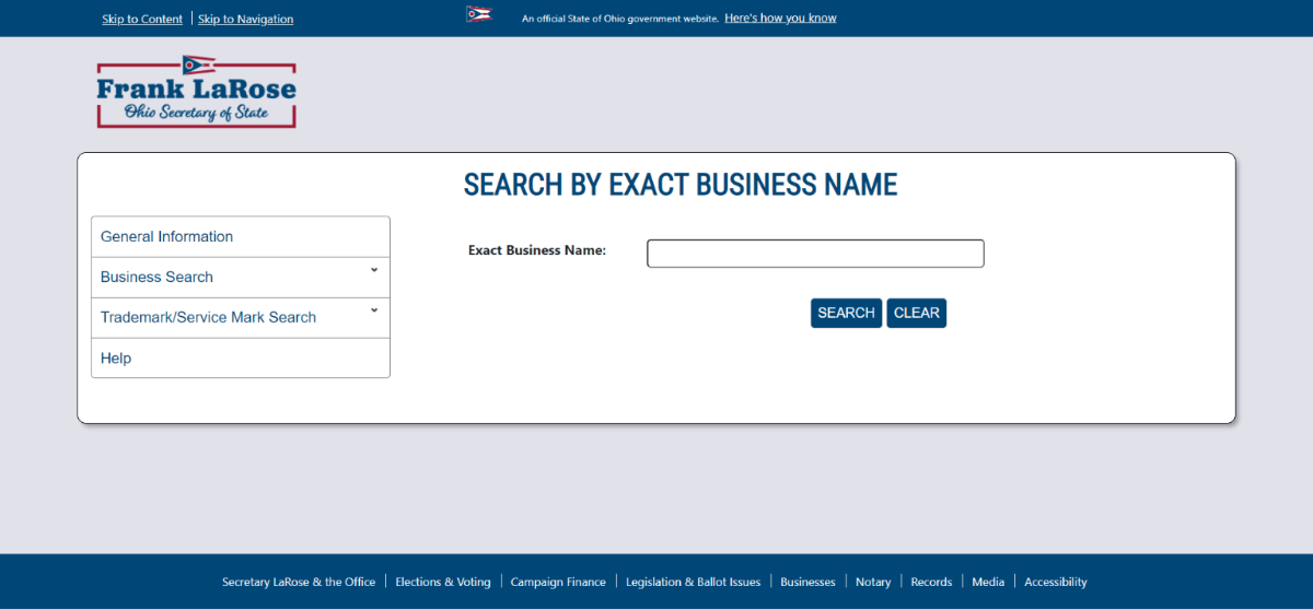 ohio search by exact business name